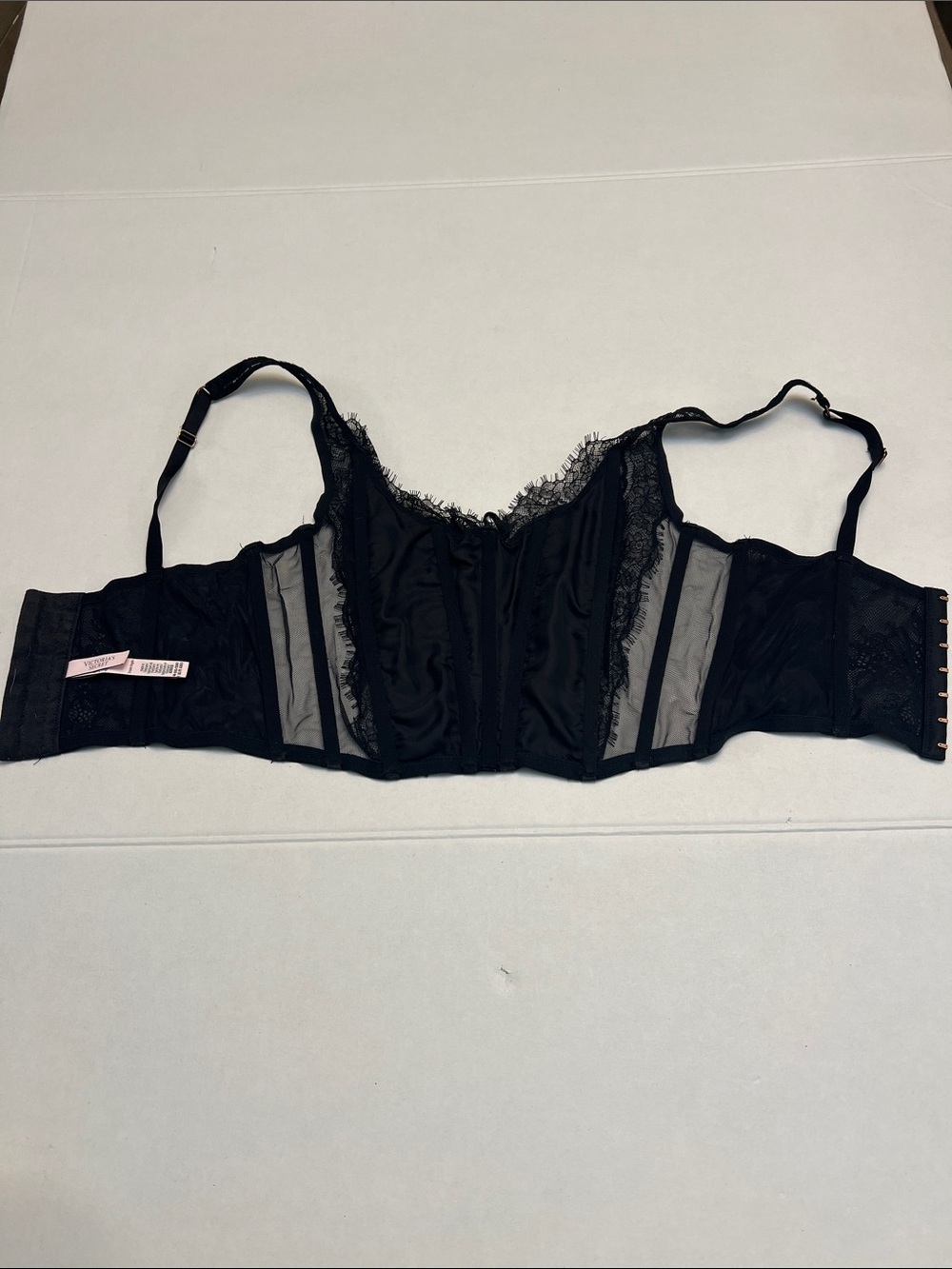 VICTORIA’S SECRET BLACK DREAM ANGELS UNLINED LACE UP CORSET BRA TOP M/DD - Picture 8 of 14